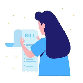 a cartoon image of a woman looking at a bill