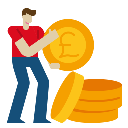 a cartoon image of a man holding an oversized pound coin while he stands next to a stack of oversized pound coins